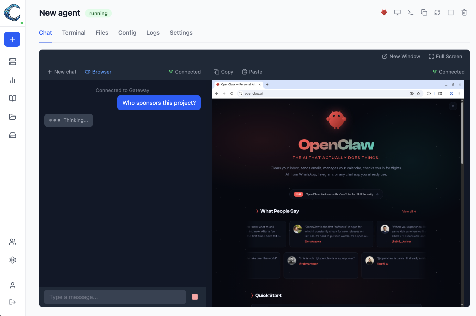Webchat panel running side by side with the embedded browser
